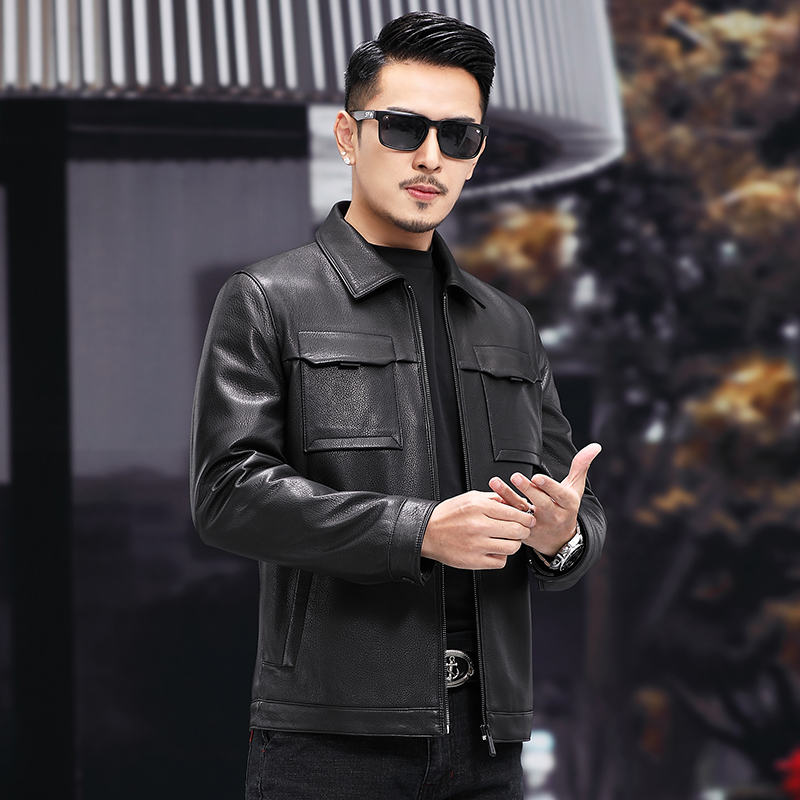 Leather jacket for men's leather short style goat leather jacket turned over for handsome gas locomotive clothes jacket Haining Spring and autumn thin