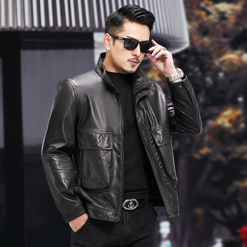 Spring Autumn New Head Layer Small Bull Leather Jacket Trendy Henning Genuine Leather Leather Clothing Male short Collar Youth Locomotive Jacket