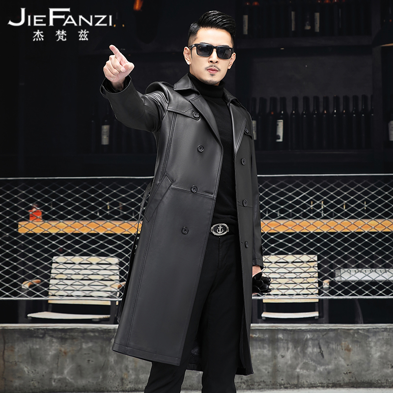 2021 new dermis fur coat men's long version over kneecap, heining head layer cow leather suit collar leather big coat overcoat tide