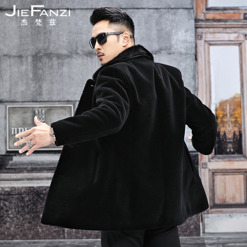 New leather jacket mink wool collar sheep cut short medium and long version of leather wool one men's coat wool fur coat