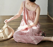 The Beginning of Summer reversible plant-dyed French retro temperament linen suspender pink dress for women 33104