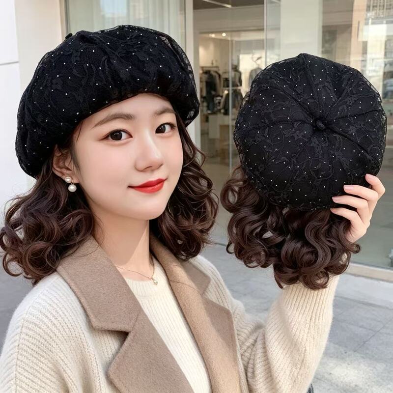 Hat and Wig All-In-One New Lace All-Season Beret Curly Hair Beret Fashionable Versatile Full Head Cover Octagonal Hat Hat and Wig All-In-One New Lace All-Season Beret Curly Hair Beret Fashionable Versatile Full Head Cover Octagonal Hat