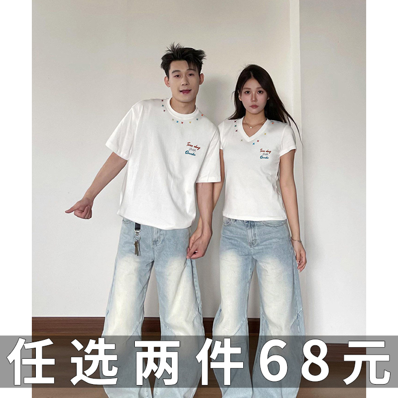 Pure Cotton Couple's V-Neck Short-Sleeve T-Shirt 2026 New Model with Unique Design, Niche Korean Style, Simple Top