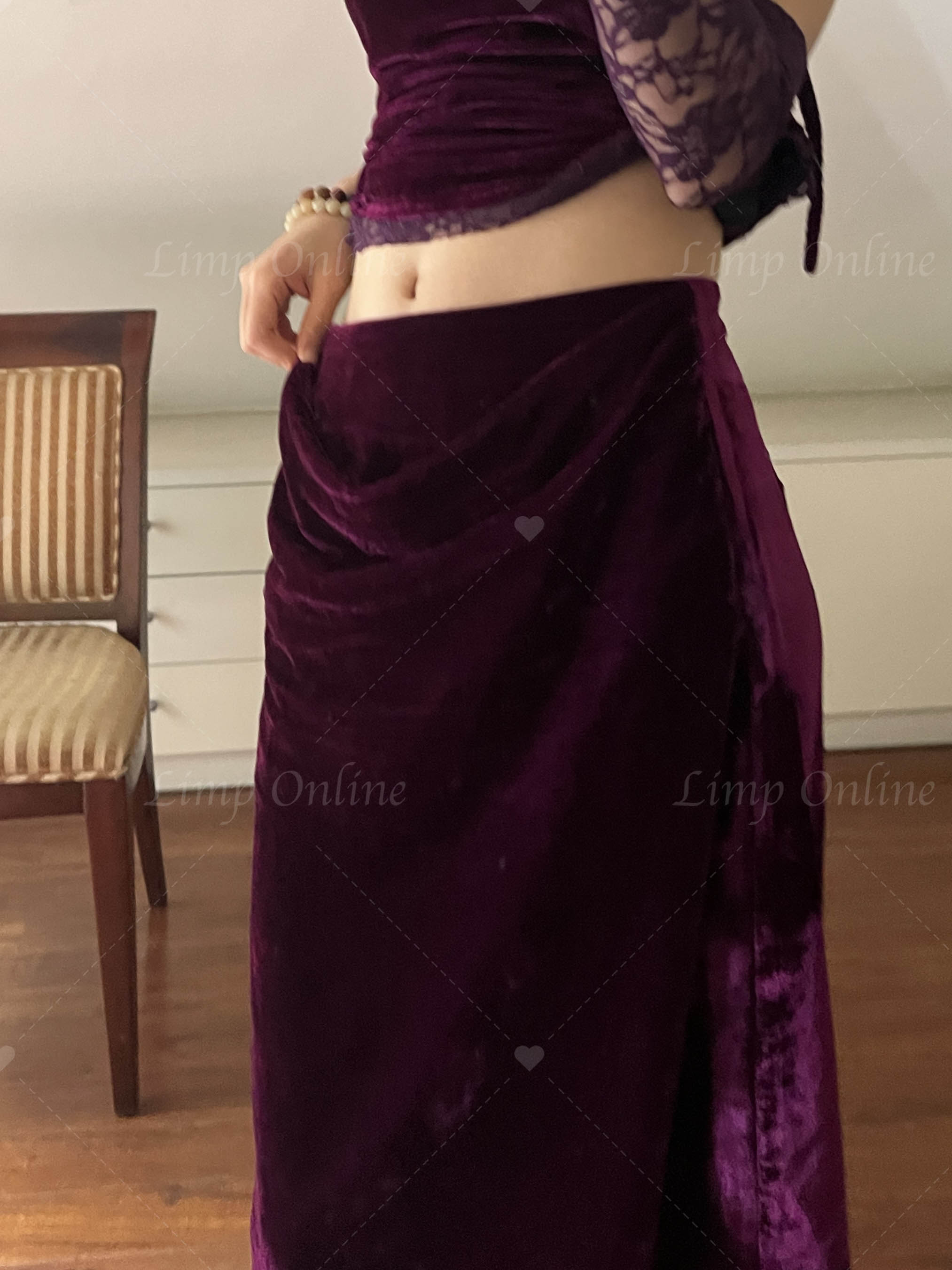  L+Purple velvet long skirt  