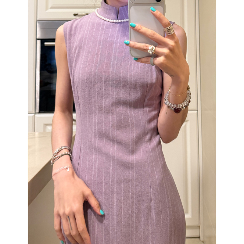 5.8 Evening Sale | Limponline | Gray-Purple Striped Cotton-Linen Sleeveless Chinese-Style Custom-Dyed High-Neck Cheongsam