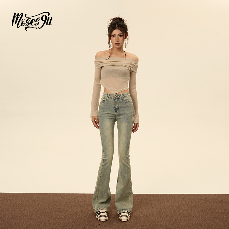 Mosesgu Washed Yellow Mud-Colored High-Waisted Flared Jeans for Women, Vintage Spring Bell-Bottom Pants, Slimming and Stretchy