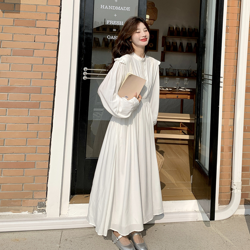 White Simple Lantern Sleeve Dress for Women, Long Sleeve, 2025 Spring and Autumn New Style, Loose Waist Design, A-Line Long Dress