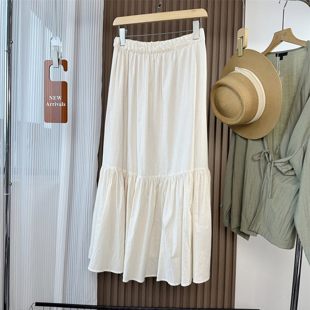 Breathable cotton and linen blend pleated flare skirt cake skirt