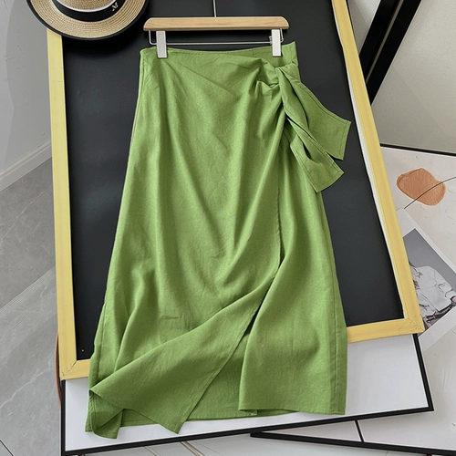 Зеленая юбка, французский стиль, высокая талия, по фигуре, из хлопка и льна