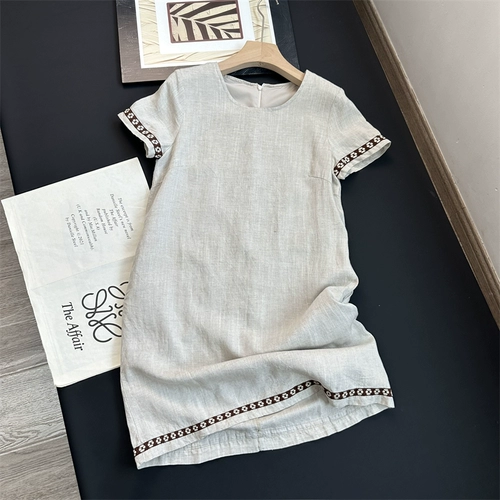 Длинная юбка с круглым воротником, платье, французский стиль, с вышивкой, средней длины