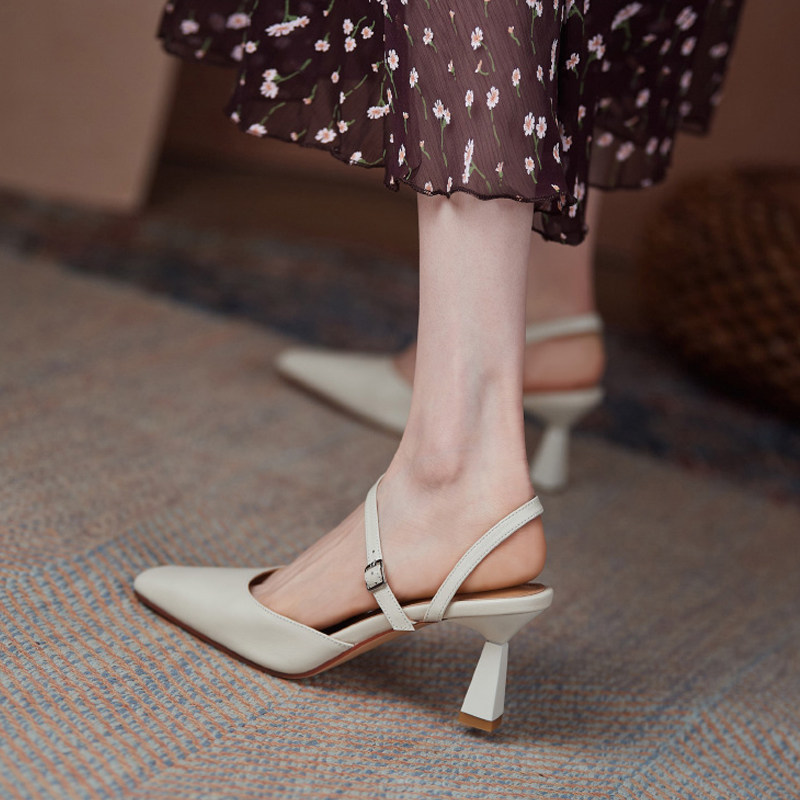 Sandals women's niche design high-heeled Baotou half-slippers wear thin-heeled leather summer square head fairy style thick heel