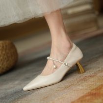 Small Aroma Pointed Single Shoes 2021 New Ocean Gas High heel Shoe spring in white with Pearl Mary Precious Shoes Small Crowdwedding Shoes