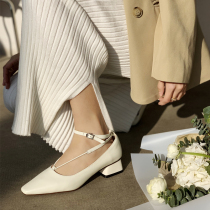 Style Coarse Heel Retro Square Head Mary Rare Shoes White High Heel Shoes Woman Spring Autumn 2021 New Genuine Leather Cross Strap