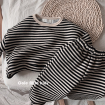 Integrated suede 2021 autumn winter children suit new baby gafe sweatshirt boy girl two sets striped blouse