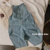Children Conjoined Pants Han Edition Tide 2022 Springtime Loose Boy Jeans Back With Pants Girl Pants Foreign Air Fashion