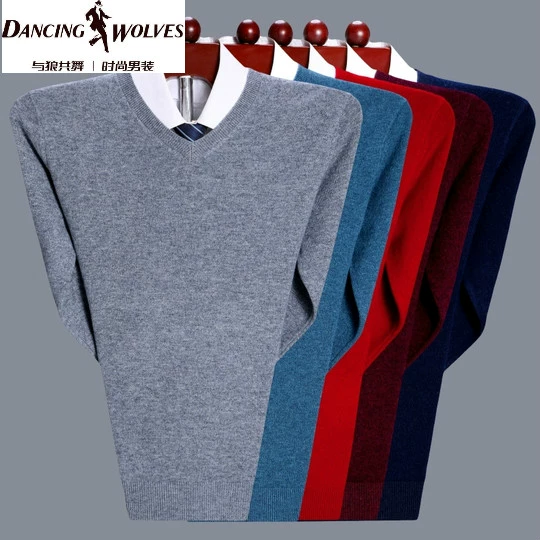 Áo len cashmere dày mùa đông cổ chữ V năm đỏ cưới chú rể chính thức thời trang áo len mỏng - Áo len Cashmere