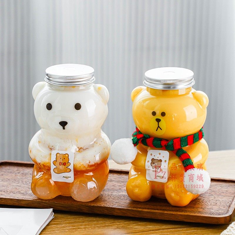 Little bear Yangzhi nectar net red packaging bottle milk tea bottle plastic cup with lid commercial beverage one-time packaging