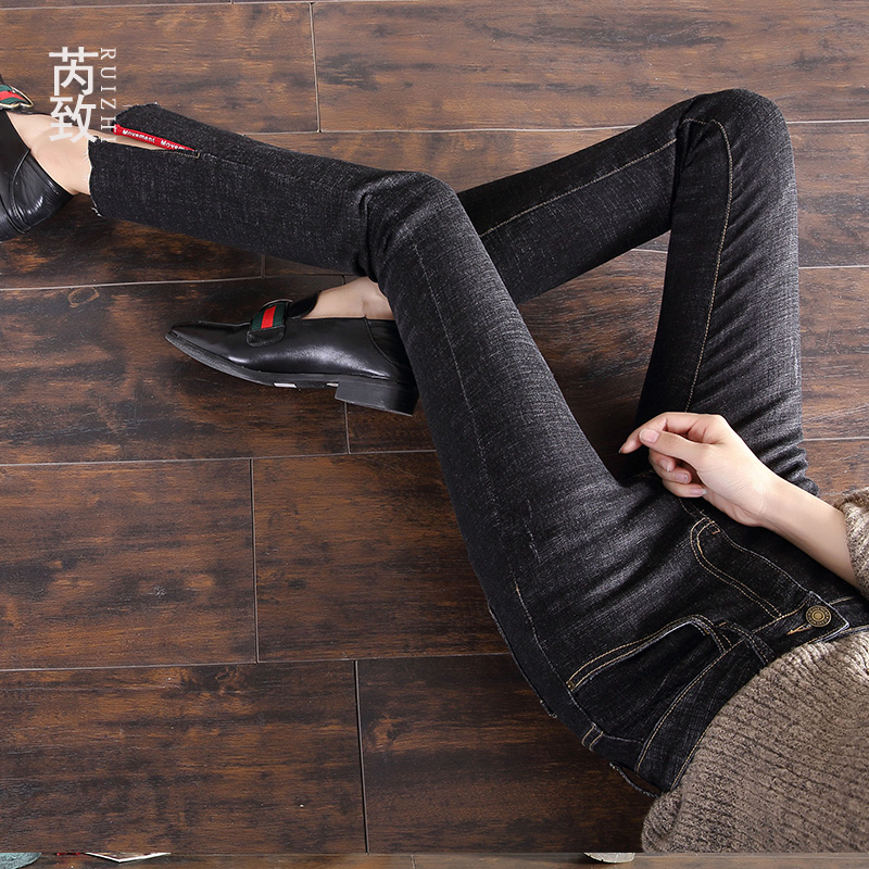 芮致喇叭裤女秋高腰牛仔裤韩版学生黑色显瘦微