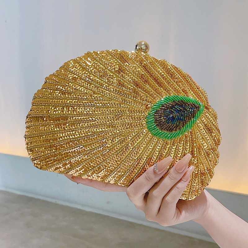 2024 Handbag Fashion Evening Bag Women's Handmade Shell Peacock Beaded Bag Banquet Bag