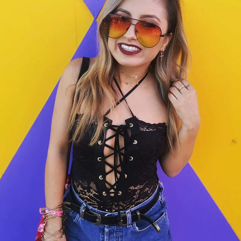 ZZ xương ZZ hipster quan điểm gợi cảm rỗng chéo quai sâu V yếm mảnh ren ren váy tối khóa