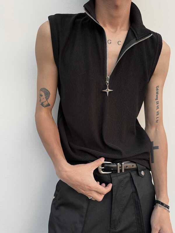Summer Dark Style Niche Design ins Trendy Brand Five-Pointed Star Zipper Padded Shoulder Vest Men's Sleeveless Vest