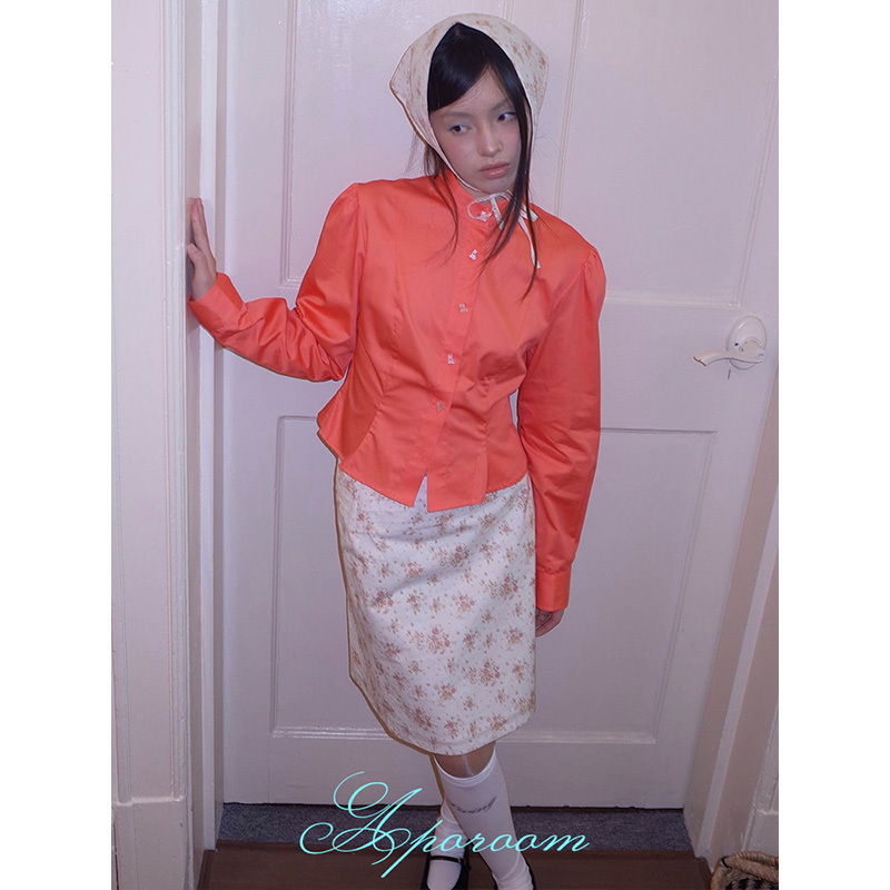 Aporoom Official Small Stand-Up Collar Puff Sleeves Cute Kitten Buttons Orange-Red Slim-Fit Shirt