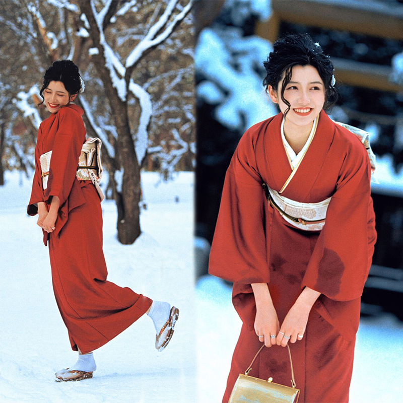 Modified Kimono in Chinese Style, Japanese Style Student Red Vintage Japanese-Style Photo Shoot Dress, Studio Divine Girl Photography Outfit
