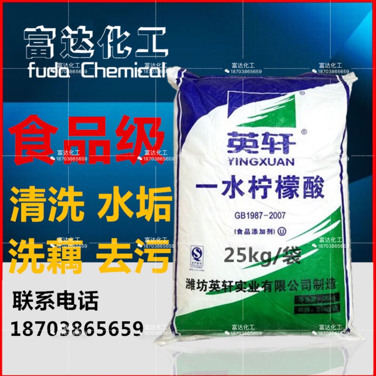 Shandong Ensign food grade citric acid monohydrate cleaning kettle descaling agent for lotus root with edible grade 25 kg
