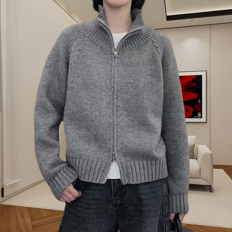 Stunning Minimalist Style High-Neck Zip-Up Knit Cardigan for Women, 2026 Autumn Loose-Fitting Slimming Korean-Style Sweater Coat Stunning Minimalist Style High-Neck Zip-Up Knit Cardigan for Women, 2026 Autumn Loose-Fitting Slimming Korean-Style Sweater Coat