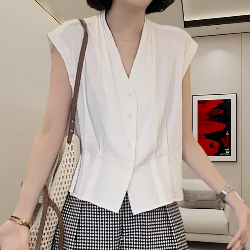 Light Luxury Cotton and Linen Solid Color Elegant V-Neck Sleeveless Shirt, Summer Loose Fit, Slimming, Niche Design, Fashionable Casual Top Light Luxury Cotton and Linen Solid Color Elegant V-Neck Sleeveless Shirt, Summer Loose Fit, Slimming, Niche Design, Fashionable Casual Top