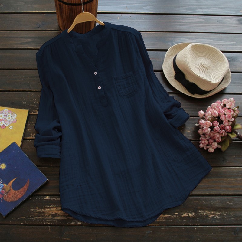 Áo sơ mi nữ cotton dài tay mùa thu cộng với size áo blouse sơ mi hoa