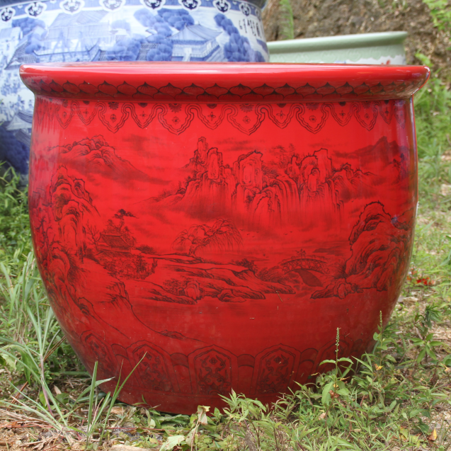 Jingdezhen ceramic fish tank company hotel decoration red hand-painted long-standing goldfish lotus water lily large tank