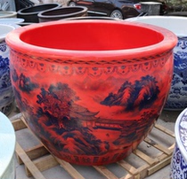 Jingdezhen Ceramic fish tank red with ancient hand painted landscape villa Living room Balcony Lotus Sleeping Lotus turtle cylinder