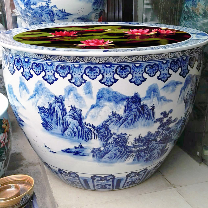 Jingdezhen ceramic fish tank large extra large goldfish tank blue and white porcelain lotus koi tank living room decoration