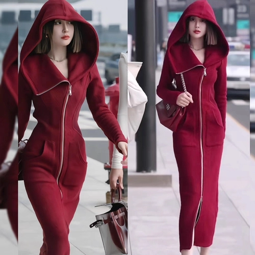 Демисезонная дизайнерская длинная юбка с молнией с капюшоном, платье, европейский стиль, тренд сезона, средней длины, облегающий крой