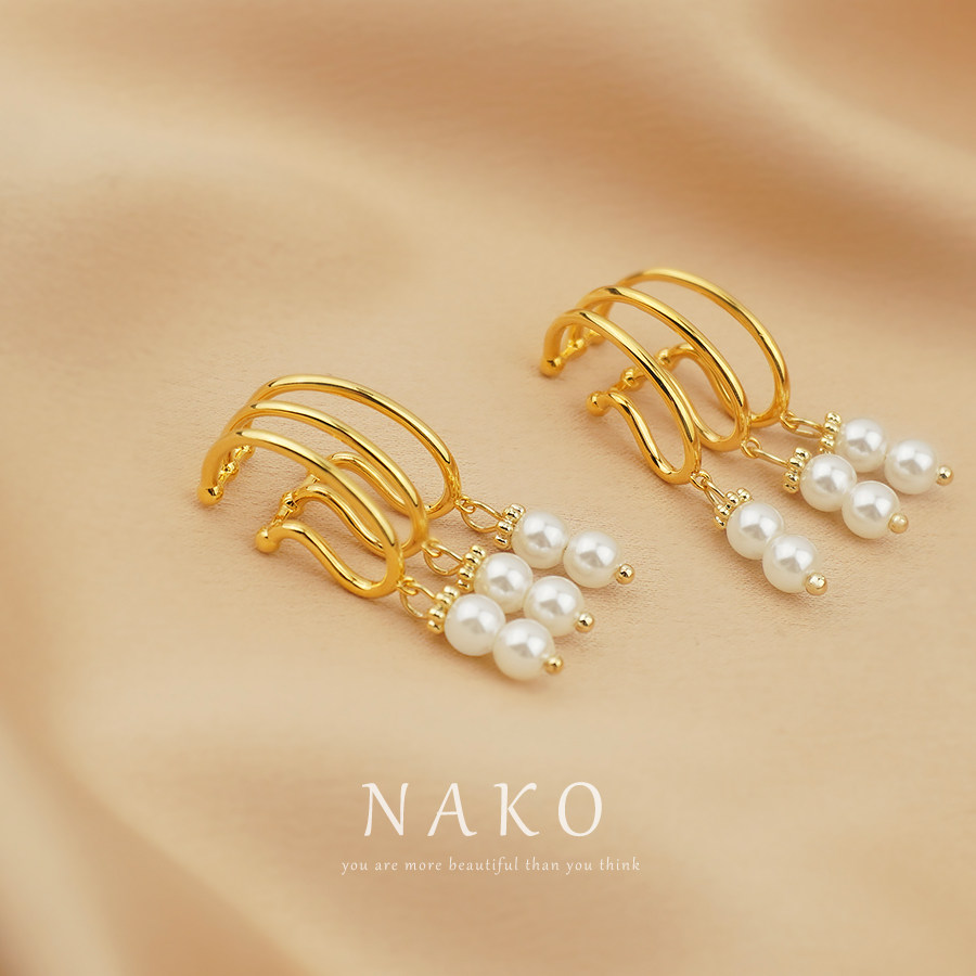 NAKO pearl ear clip without ear piercing women's earrings high-end light luxury goddess fan temperament earrings atmospheric ear bone clip