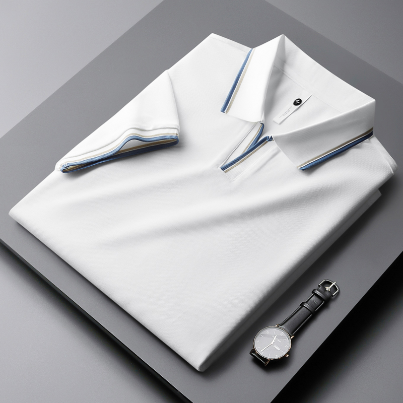 Light luxury quality POLO shirt men's short-sleeved thin summer lapel T-shirt slim-fit contrasting color V-neck top breathable ice silk business