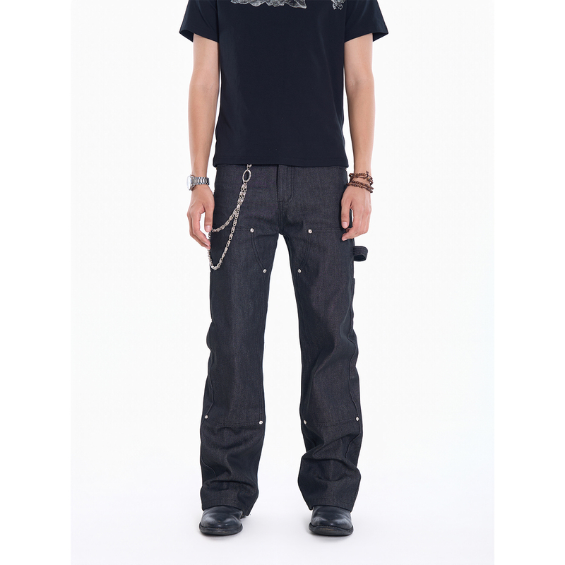 Snug American Retro Diamond-Studded Black Lumberjack Jeans for Men and Women, Slightly Flared, Light Slim Fit Pants