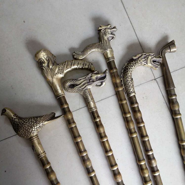 Retro pure copper for old sushi large bend dragon curry dragon little tail dragon old man with brass crutches stick with stick slip non-slip cane
