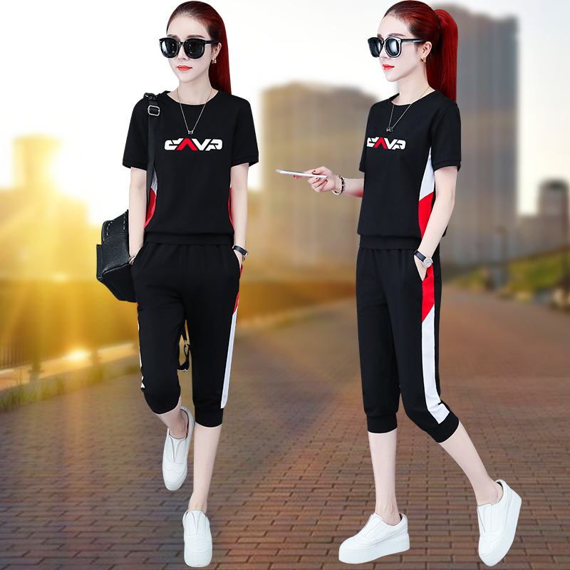 Casual Sportswear Suit Women Pure Cotton Summer 2021 New Short Sleeves Seven Pants Shorts Loose Fashion Two Sets