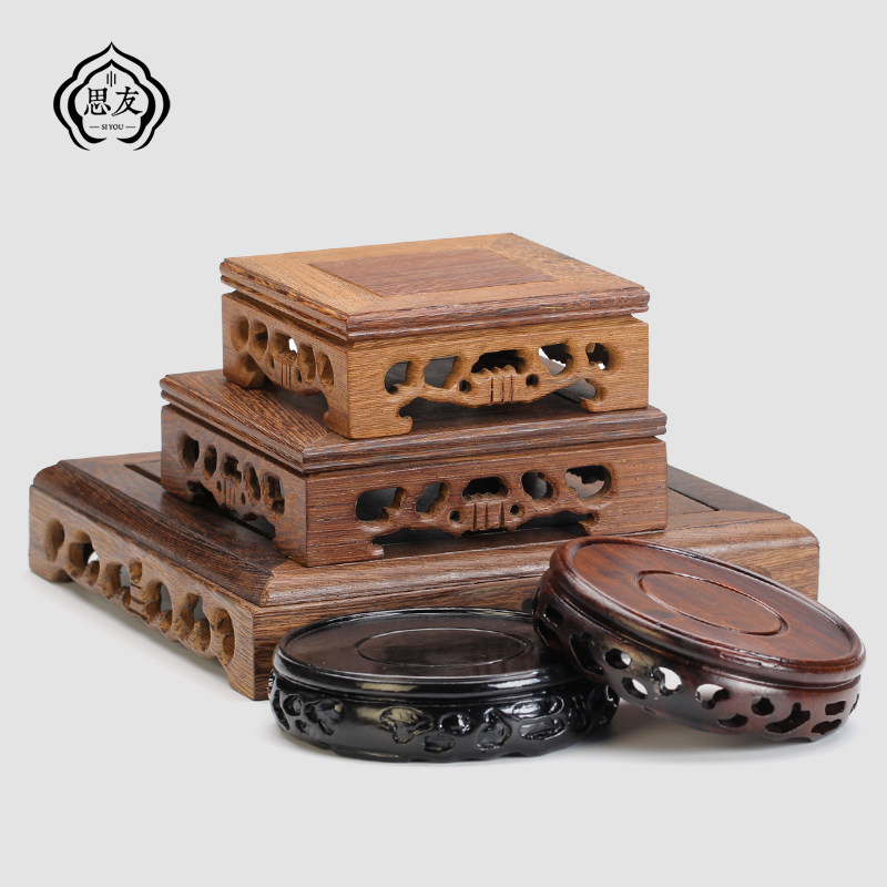 Siyou Chicken Wing Wood Square Solid Wood Carved Incense Burner Bracket Vase Ornament Antique Hollow Base Tea Ceremony Craft