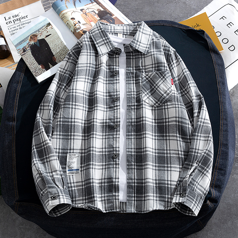 Long-sleeved shirt men's spring and autumn new loose plaid casual inner clothes Hong Kong fashion brand large size handsome light cooked shirt