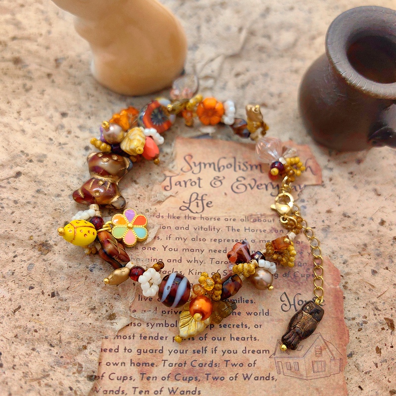 【Forest Spirit Flower Language】Series Czech Glass Chocolate Bear Ladybug Flower Owl Bracelet