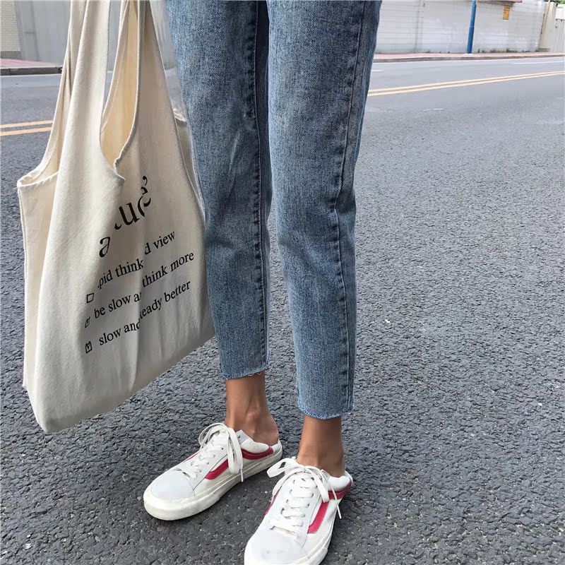Quần jeans đỏ nữ mùa thu đông cao eo 2018 mới lửng mỏng nữ geek hoang dã thẳng cộng với nhung thời trang công sở nữ