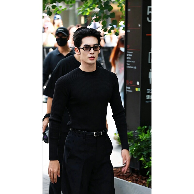 Yu Shi's Same Style Tough-Guy Look: Black Ribbed Knit Sweater for Men, Autumn Season, High-End Feel, Slim-Fit Base Layer