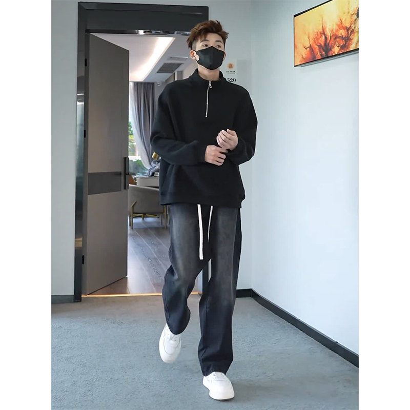 Black Jeans for Men, Summer Thin Wide-Leg Straight Pants, Half-Zip T-Shirt and Sweatshirt Two-Piece Trendy Brand Set