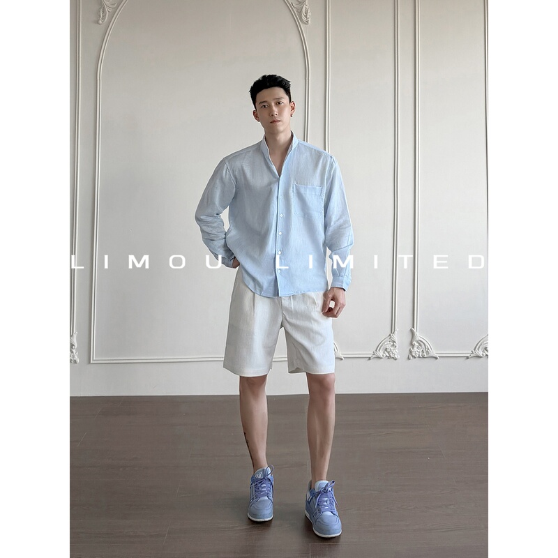 Old Money Style Tencel Linen Suit for Men, Summer Outfit, Complete Set of Stylish Sun Protection Shirt and Casual Shorts Two-Piece Set