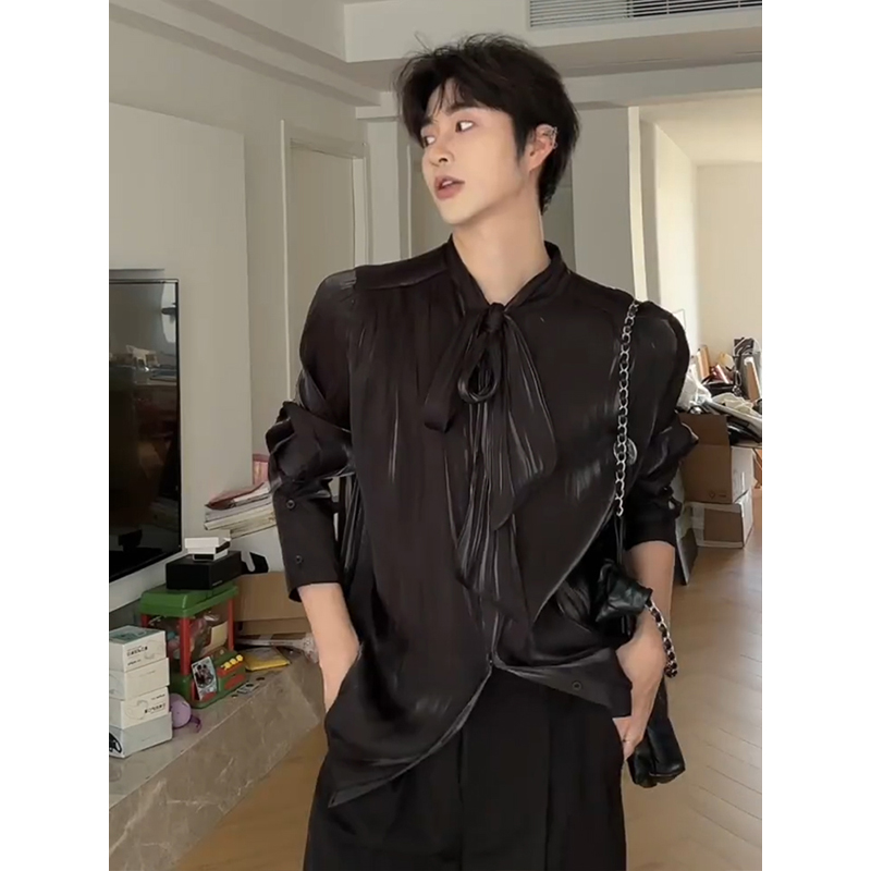 液体シルケット加工ドレープノーブルリボンシャツメンズ韓国風ウェアショルダーパッド長袖シャツ軽量高級ハイエンドトップス