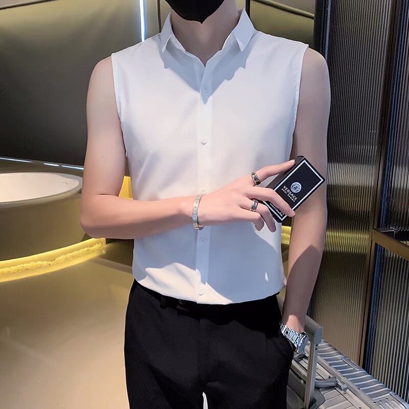 White Designer Tank Top Shirt for Men, Business Casual Inner Layer Base Shirt, ins Trendy Brand Sleeveless T-Shirt, Summer 2024
