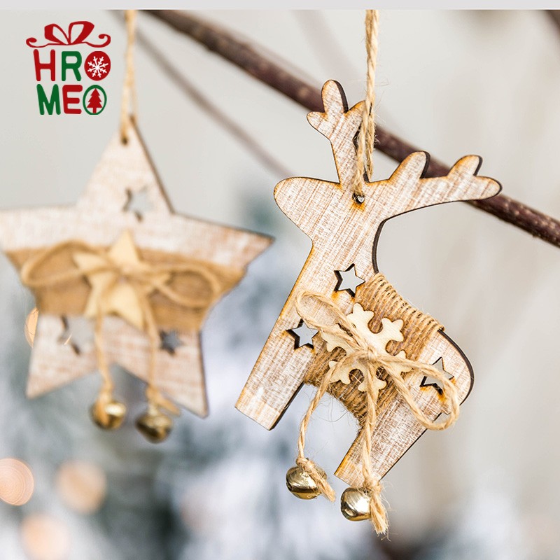 Hromeo Nordic ins Wooden Hemp Rope Star Deer Socks Bell Christmas Tree Hanging Ornaments Christmas Ornaments